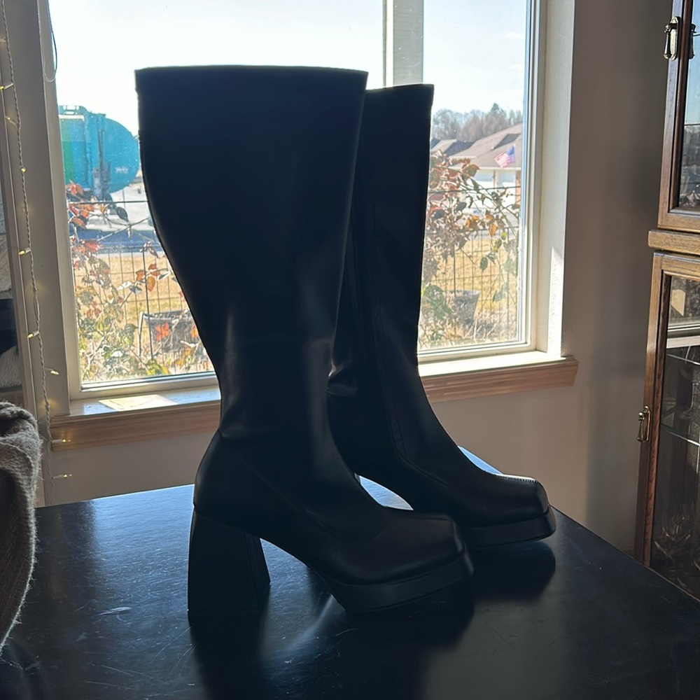 Knee high black pleather boots